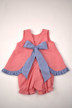 Load image into Gallery viewer, Red Seersucker Popover Set with Navy Ruffle