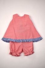 Load image into Gallery viewer, Red Seersucker Popover Set with Navy Ruffle