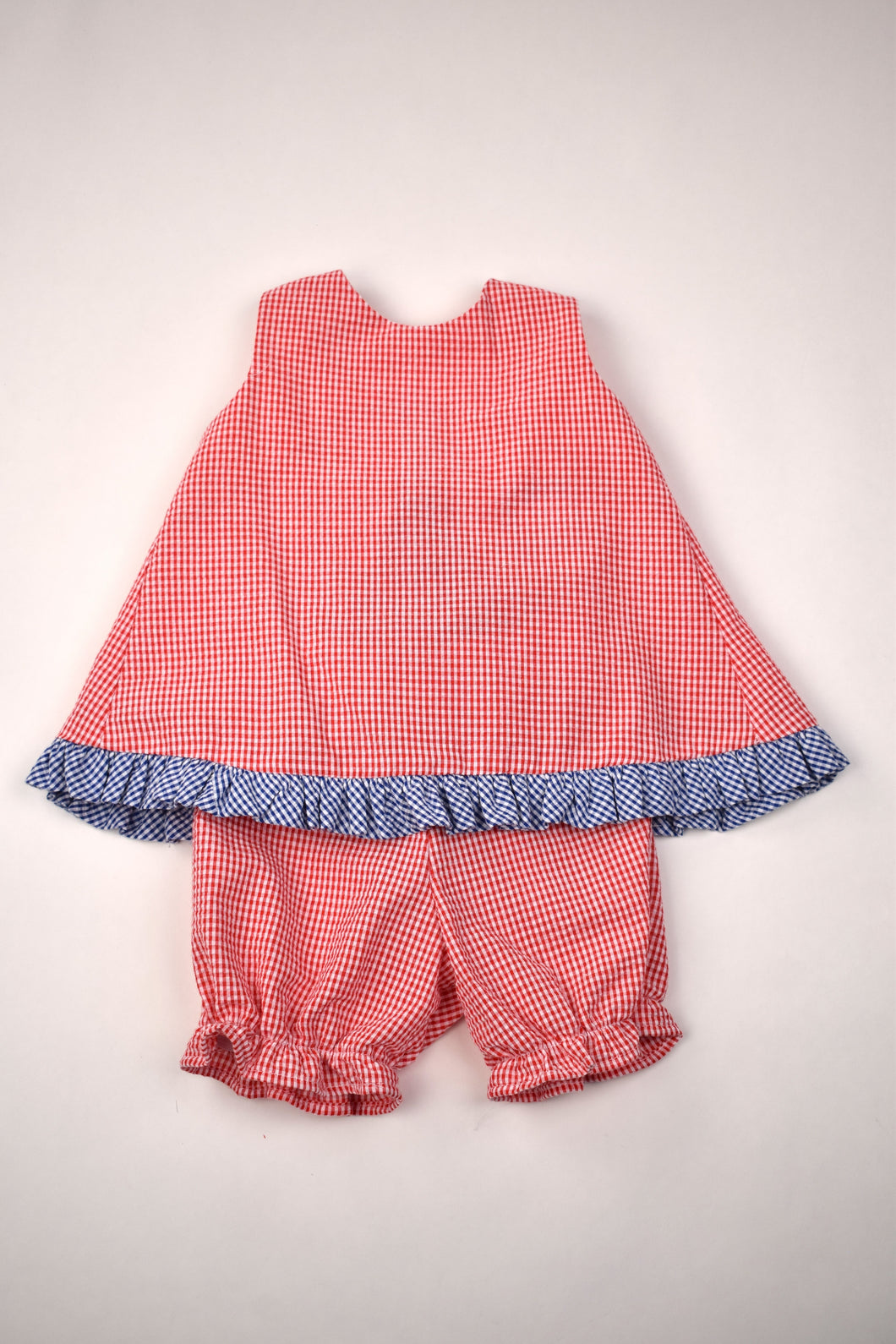 Red Seersucker Popover Set with Navy Ruffle