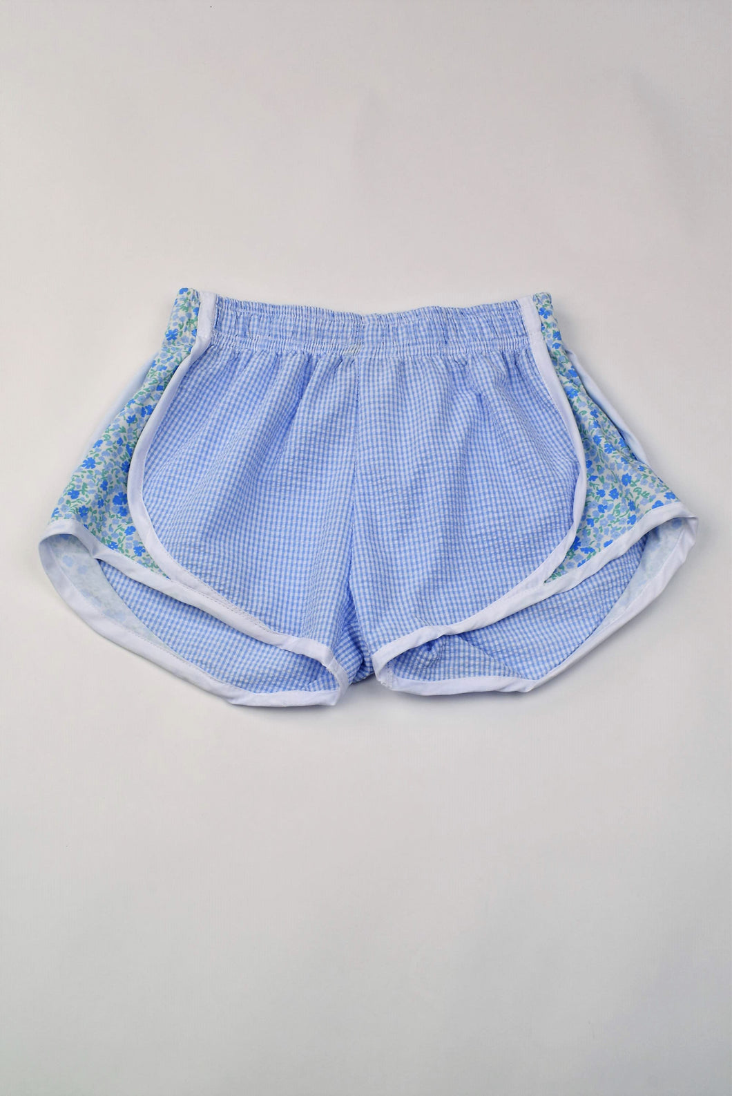 BLUE SEERSCUKER ATHLETIC SHORTS WITH FLORAL SIDES