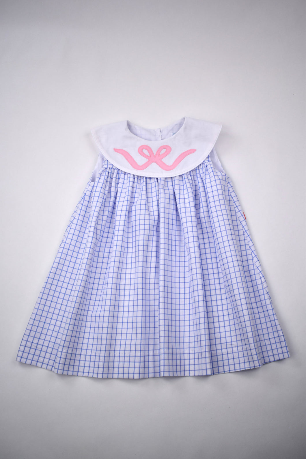 BLUE CHECK DRESS WITH BOW APPLIQUE COLLAR
