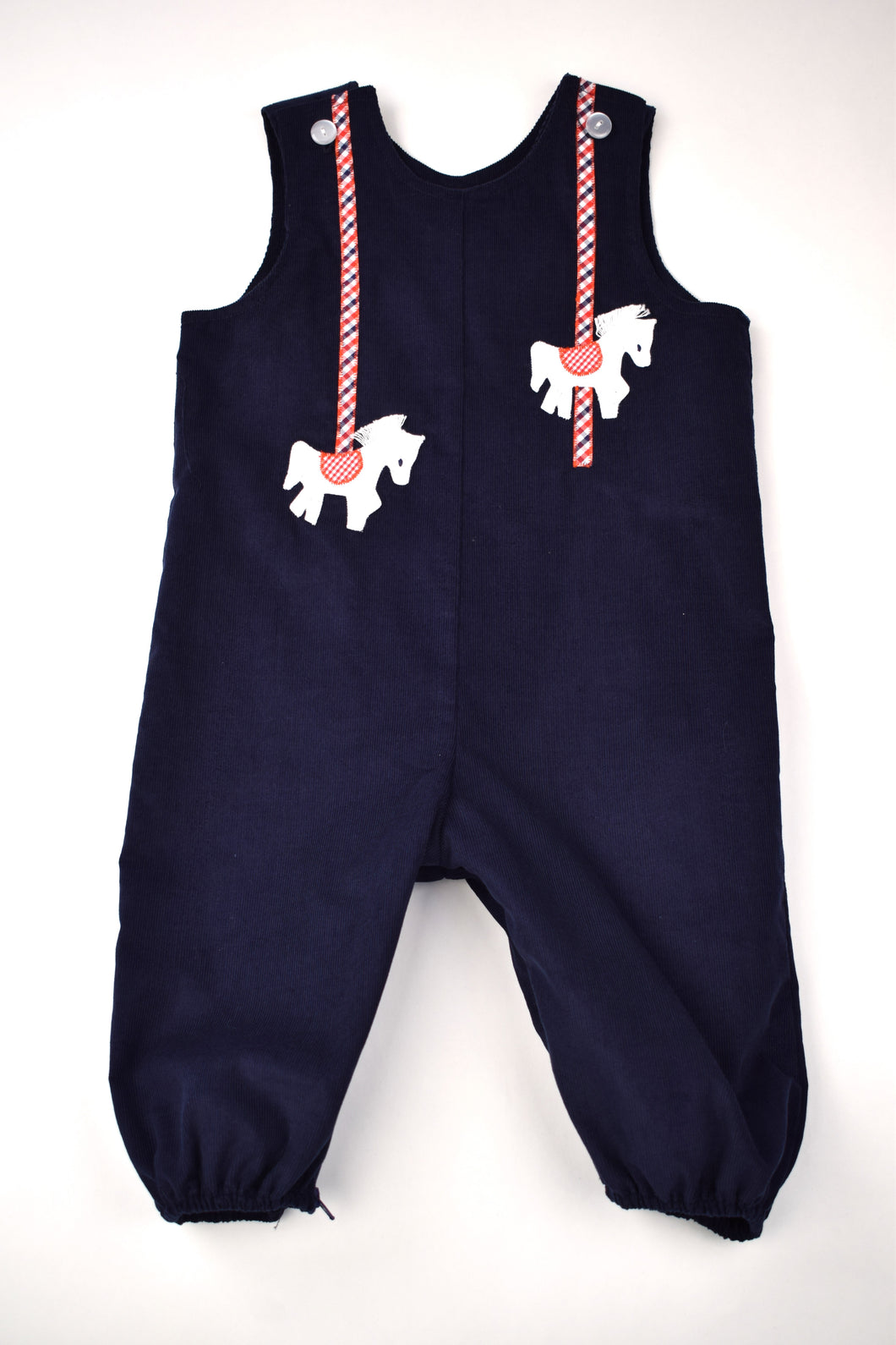 NAVY CORDUROY LONGALL WITH CAROUSEL HORSES APPLIQUE