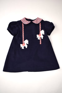 NAVY CORDUROY DRESS WITH CAROUSEL HORSES APPLIQUE