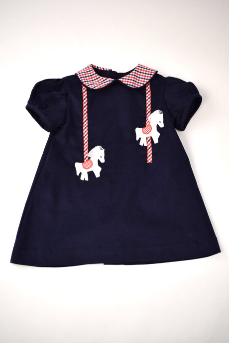 NAVY CORDUROY DRESS WITH CAROUSEL HORSES APPLIQUE