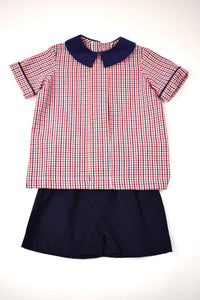 RED AND NAVY PLAID SHIRT WITH NAVY SHORTS