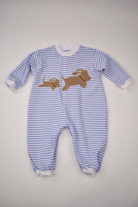 BLUE STRIPED BOY ROMPER WITH DOGS APPLIQUE