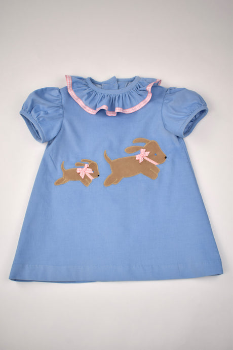 BLUE CORDUROY DRESS WITH DOGS APPLIQUE