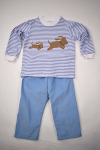 STRIPED TEE WITH DOGS APPLIQUE AND CORDUROY PANTS SET