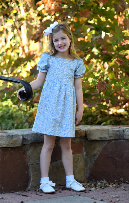 VINTAGE BLUE FLORAL PUFF SLEEVE DRESS