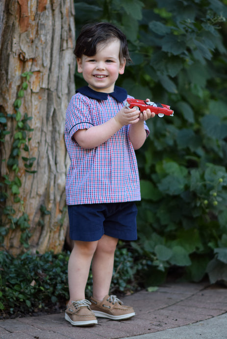 RED AND NAVY PLAID SHIRT WITH NAVY SHORTS